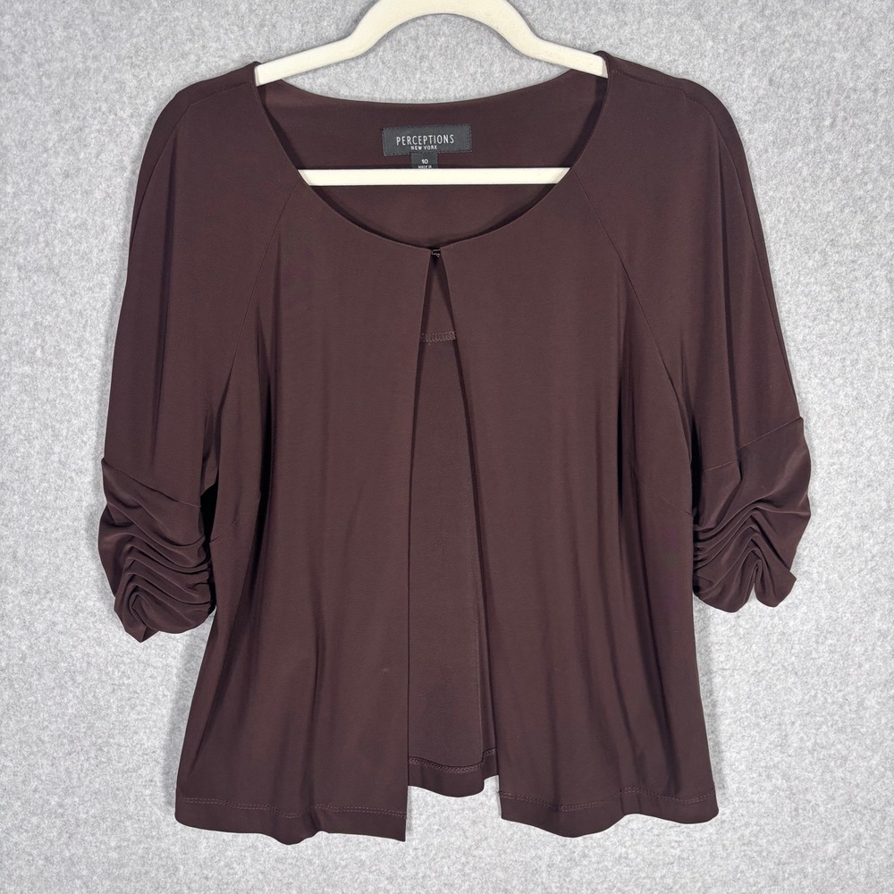 90s Perceptions Slinky Knit Cardigan 10 Brown Ruched Open Front Liquid Neutral
